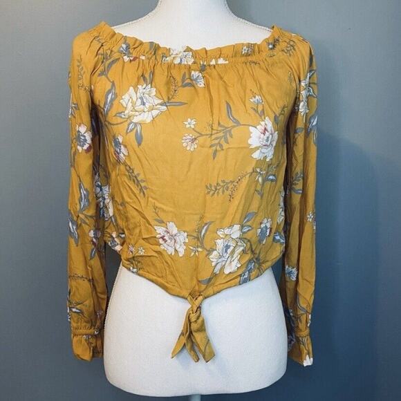Kendall & Kylie Yellow Floral Off Shoulder Tie Crop Top XS - Picture 2 of 10